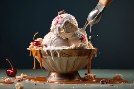 drizzling topping on a scoop of ice cream, created with generative aiの素材