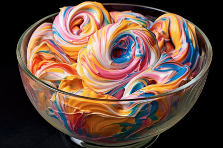 colorful ice cream swirls in a glass bowl, created with generative aiの素材