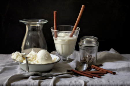 ice cream ingredients: milk, sugar, and vanilla beans, created with generative aiの素材