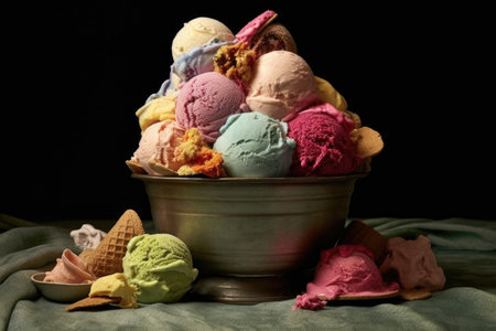 pile of assorted ice cream scoops in bowl, created with generative aiの素材