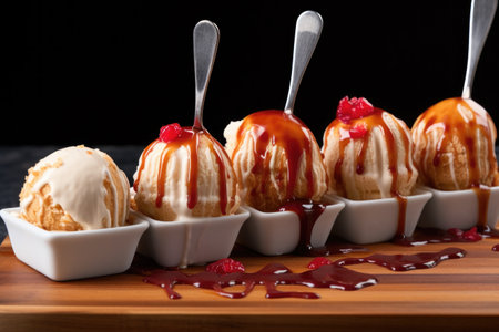 sauce drizzled over a row of ice cream scoops, created with generative aiの素材