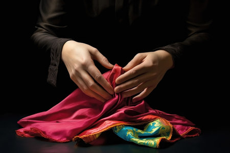 magicians hands folding a silk scarf, ready for a trick, created with generative aiの素材