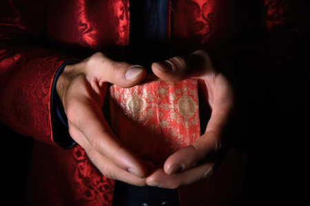 magicians hands revealing a hidden card from a secret pocket, created with generative aiの素材