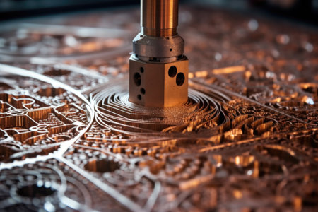 close-up of a cnc machine carving metal surface, created with generative aiの素材