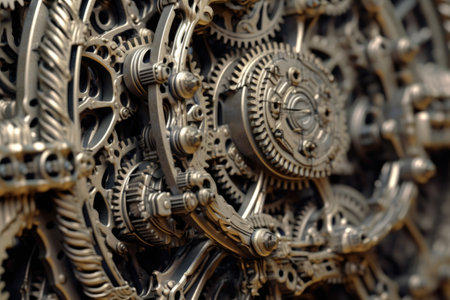 macro view of intricate metal gears meshing together, created with generative aiの素材
