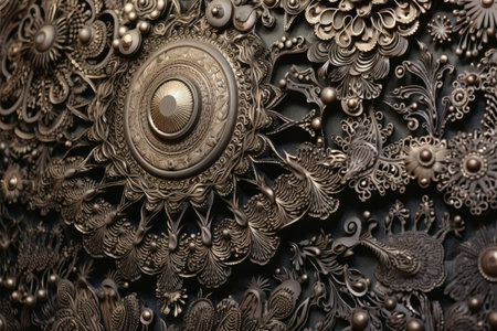 intricate metal engraving details on a surface, created with generative aiの素材