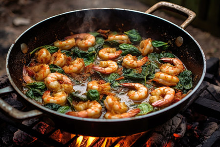 shrimp and garlic sizzling in a buttery pan, created with generative aiの素材