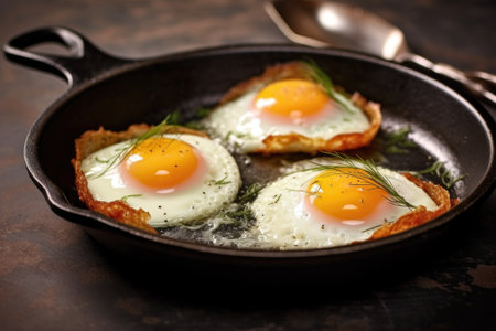fried eggs with crispy edges in a non-stick pan, created with generative aiの素材