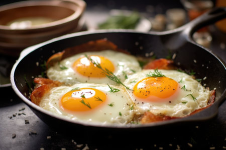 fried eggs with crispy edges in a non-stick pan, created with generative aiの素材