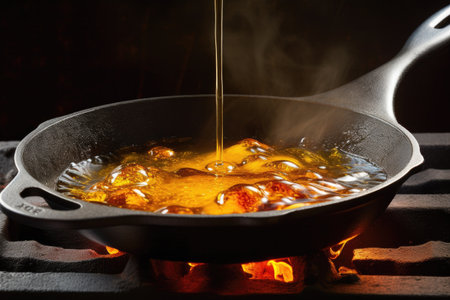 hot oil bubbling in a cast iron skillet, created with generative aiの素材
