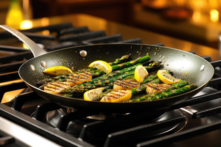 grilled asparagus with lemon zest in a pan, created with generative aiの素材