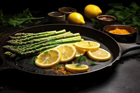 grilled asparagus with lemon zest in a pan, created with generative aiの素材