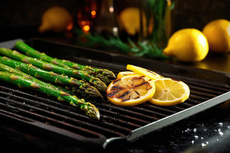 grilled asparagus with lemon zest in a pan, created with generative aiの素材