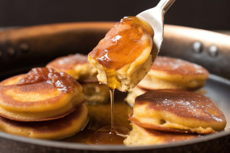 flipping golden-brown pancakes in a frying pan, created with generative aiの素材