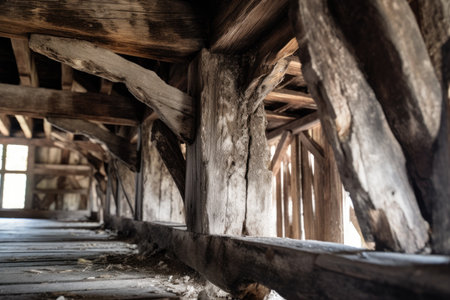 close-up of weathered wood beams before restoration, created with generative aiの素材
