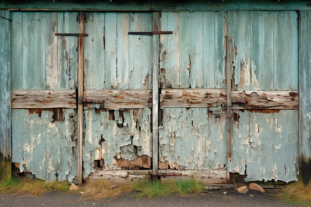 old barn door with peeling paint and restored hinges, created with generative aiの素材