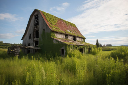 restored barn surrounded by lush green landscape, created with generative aiの素材