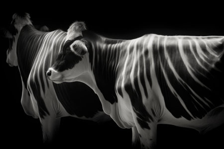 black and white cows tail swishing in contrast, created with generative aiの素材
