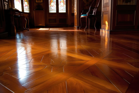 freshly stained and varnished floorboard, created with generative aiの素材
