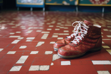 detail of boxing shoes on a gym floor, created with generative aiの素材