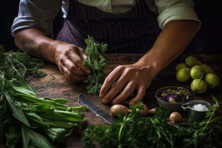 chefs hands holding knife, slicing through fresh herbs, created with generative aiの素材