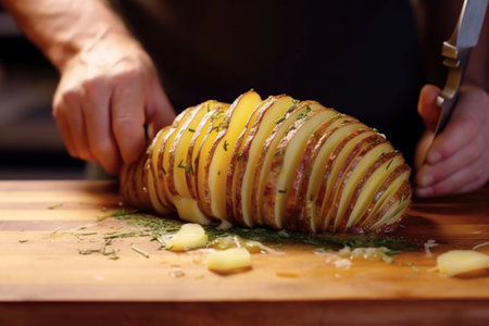chefs hands potatoes into even slices, created with generative aiの素材