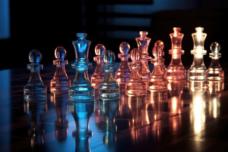glass chess pieces reflecting light on board, created with generative aiの素材