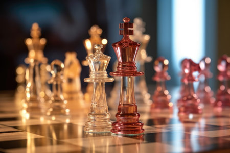 chess pieces in soft focus, with one piece in sharp focus, emphasizing strategy, created with generative aiの素材