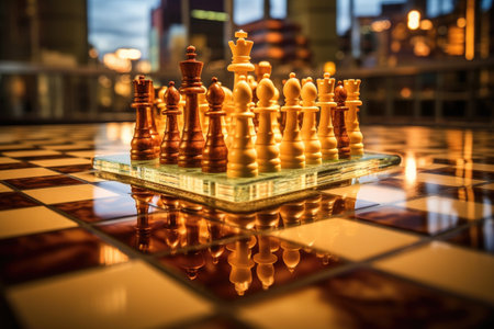 reflection of chessboard in glass surface, created with generative aiの素材