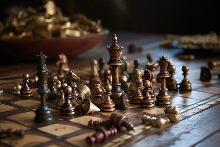 chess pieces scattered on a board after a game, created with generative aiの素材