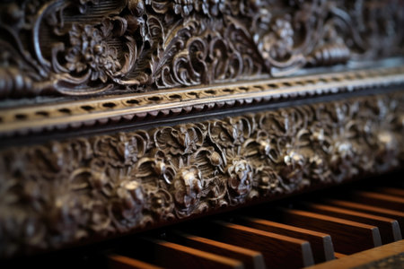 close-up of harmonium keys and intricate wood carving, created with generative aiの素材