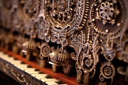 close-up of harmonium keys and intricate wood carving, created with generative aiの素材