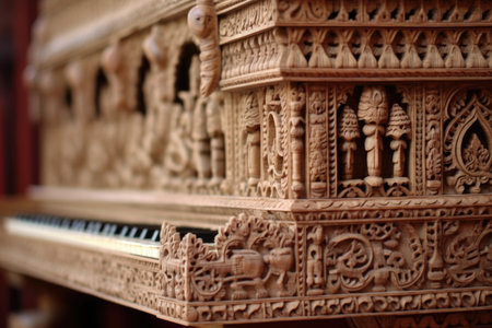 intricate carvings on a wooden harmonium, created with generative aiの素材