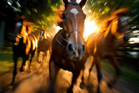 tight shot of racehorses nostrils flaring while running, created with generative aiの素材