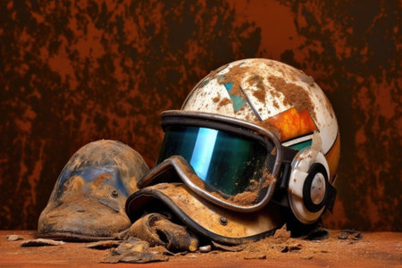 jockeys helmet and goggles with dirt splatters, created with generative aiの素材