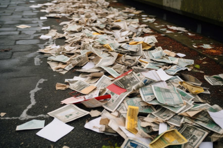 betting tickets scattered on the ground at the racetrack, created with generative aiの素材
