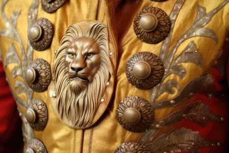 lion tamers costume details, focusing on the shiny buttons and embroidery, created with generative aiの素材