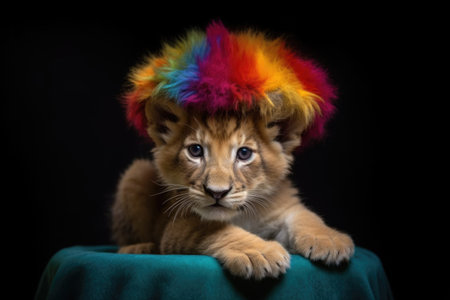 lions paw on top of a tamers colorful hat, showing dominance, created with generative aiの素材