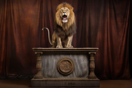 a lion roaring while standing on a podium, demonstrating its power, created with generative aiの素材