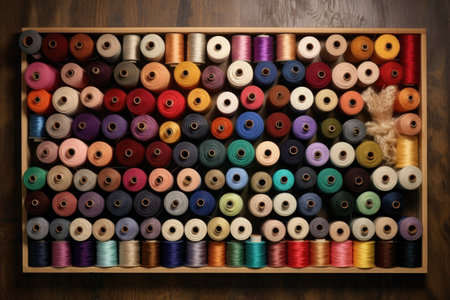 colorful spools of thread arranged neatly, created with generative aiの素材