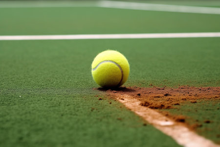 tennis ball bouncing on court line during match, created with generative aiの素材