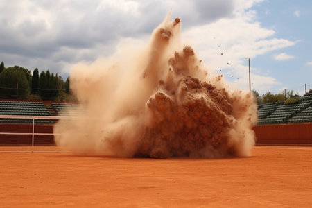 ball impact on a clay court, dust cloud rising, created with generative aiの素材