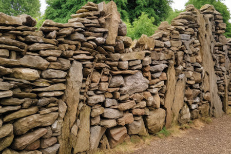 dry stone wall with varying stone shapes and sizes, created with generative aiの素材