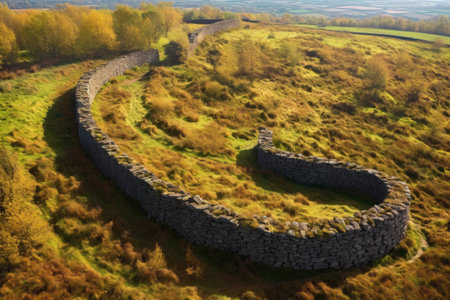 aerial view of a winding dry stone wall in nature, created with generative aiの素材