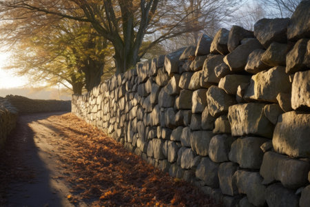 sunlight casting shadows on dry stone wall, created with generative aiの素材