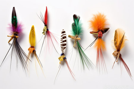 fishing hooks with various tied fly patterns, created with generative aiの素材