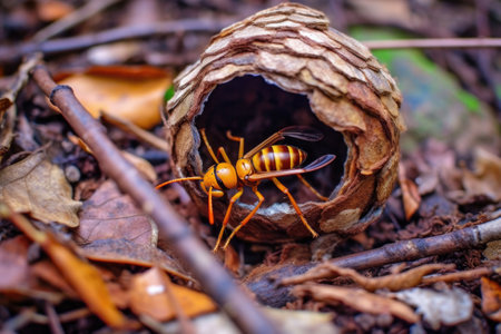 close-up of a broken hornet nest on the ground, created with generative aiの素材