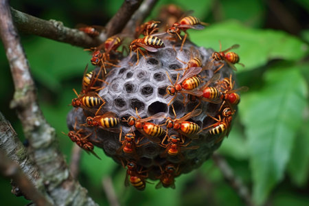 disturbed hornet nest with scattered hornets around it, created with generative aiの素材