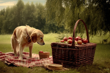 dog sniffing a picnic basket outdoors, created with generative aiの素材