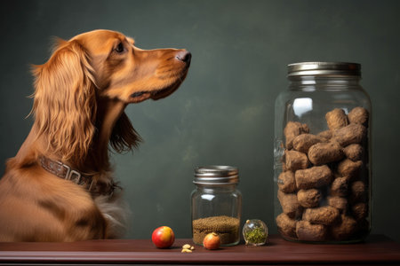dog gazing at treats inside a glass jar, created with generative aiの素材